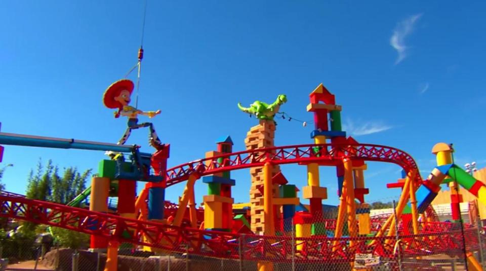 The main ride is the Slinky Dog Dash roller coaster, which appears to wind its way around most of the park 