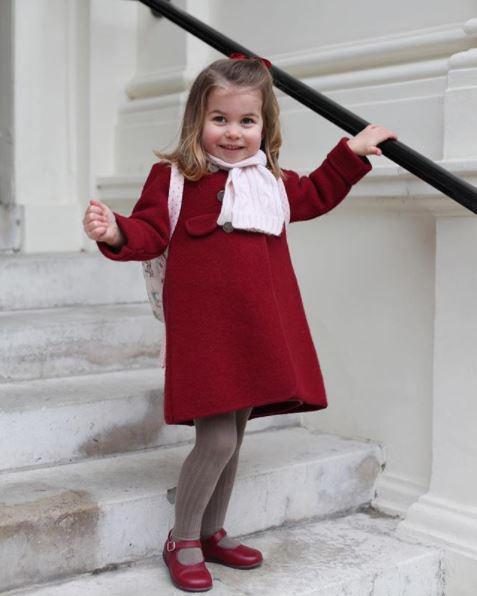  Princess Charlotte on the steps of Kensington Palace before her first day at nearby Willcocks Nursery School in January