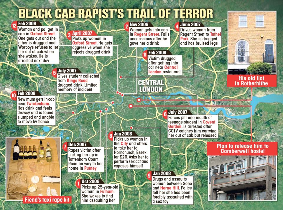  Map shows Worboys' trail of terror and where he was due to be released