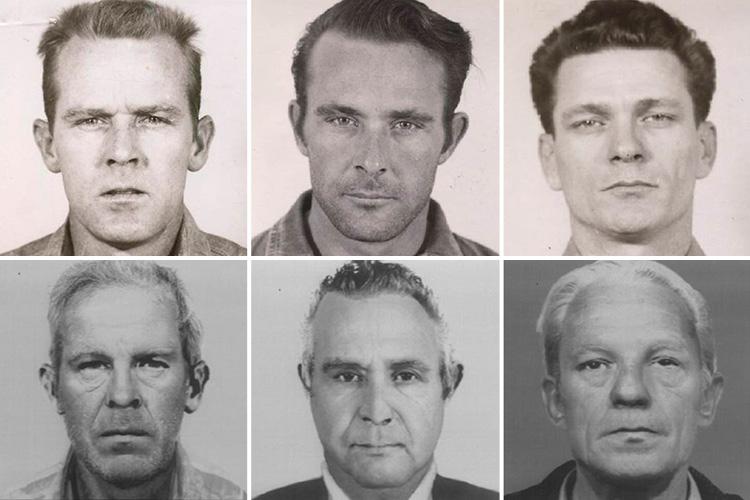 Brothers John (left) and Clarence (centre) Anglin escaped the infamous prison alongside fellow inmate Frank Morris (right). These are their mugshots and e-fits of what they might have looked like today