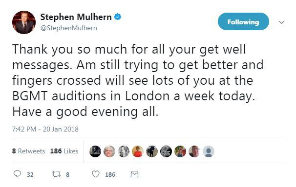  Stephen gave fans an update on his illness on Twitter tonight