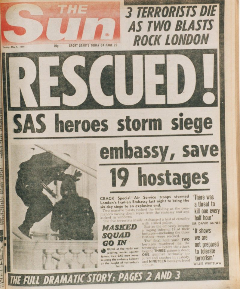 The Sun reporting on the siege in 1980