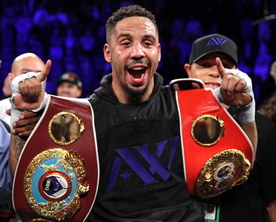  Ward of the US Ward with his belts after after his first win over Kovalev in November 2016 for the WBA, IBF and WBO light-heavyweight titles