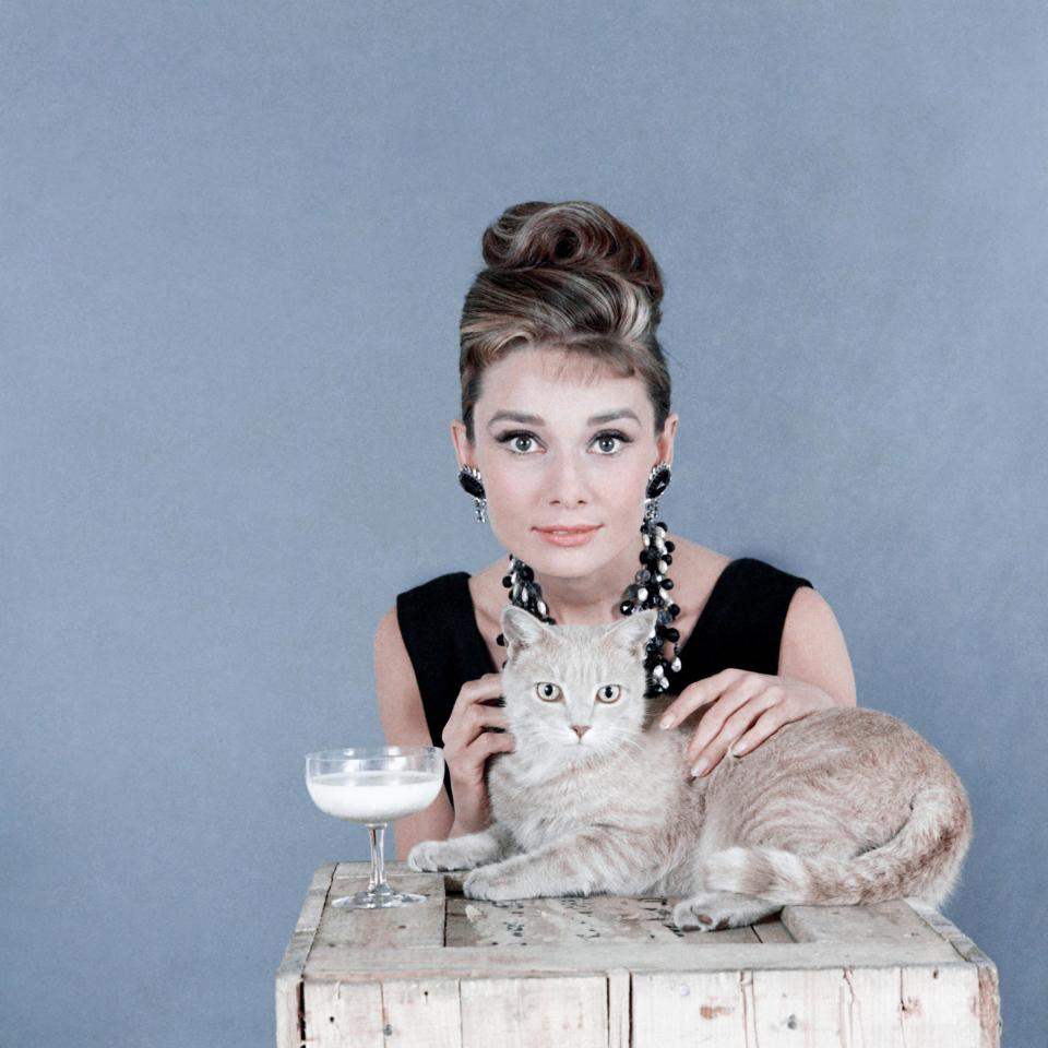  1961: Audrey poses for a still promoting Breakfast at Tiffany's. Her heavy jewellery, coiffed hair, and feline flick still make her a pin-up today