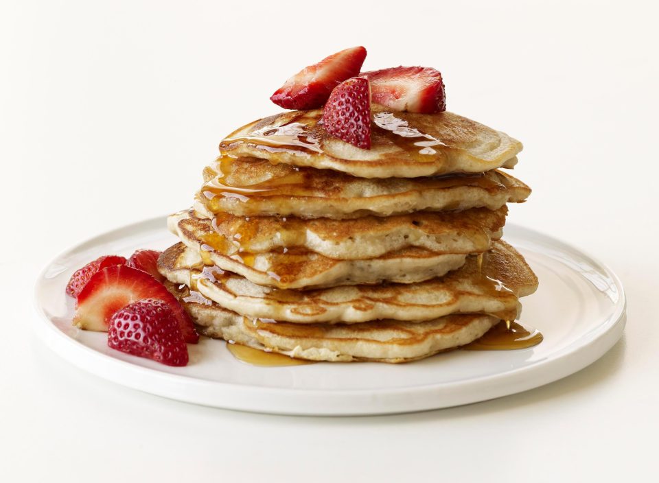  Thicker, American style pancakes are often served stacked high