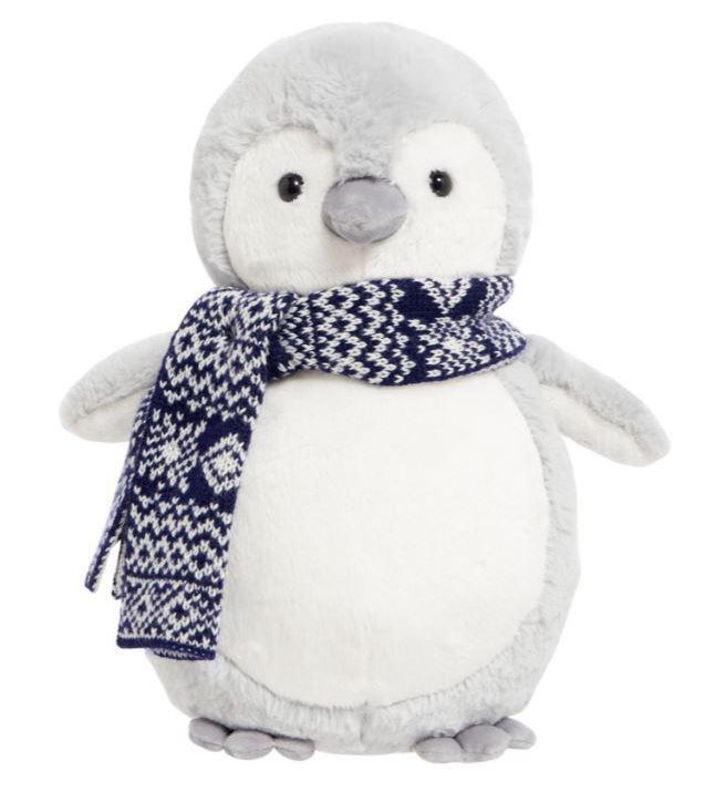  The price of this adorable grey penguin toy has been slashed by 50 per cent. The sweet plaything is wearing a patterned navy scarf