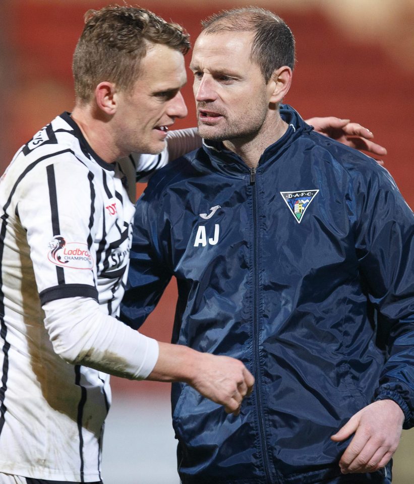  Dunfermline's Dean Sheils and manager Allan Johnston at the end of Tuesday's victory over Falkirk during which fake eyeballs were thrown on to the pitch