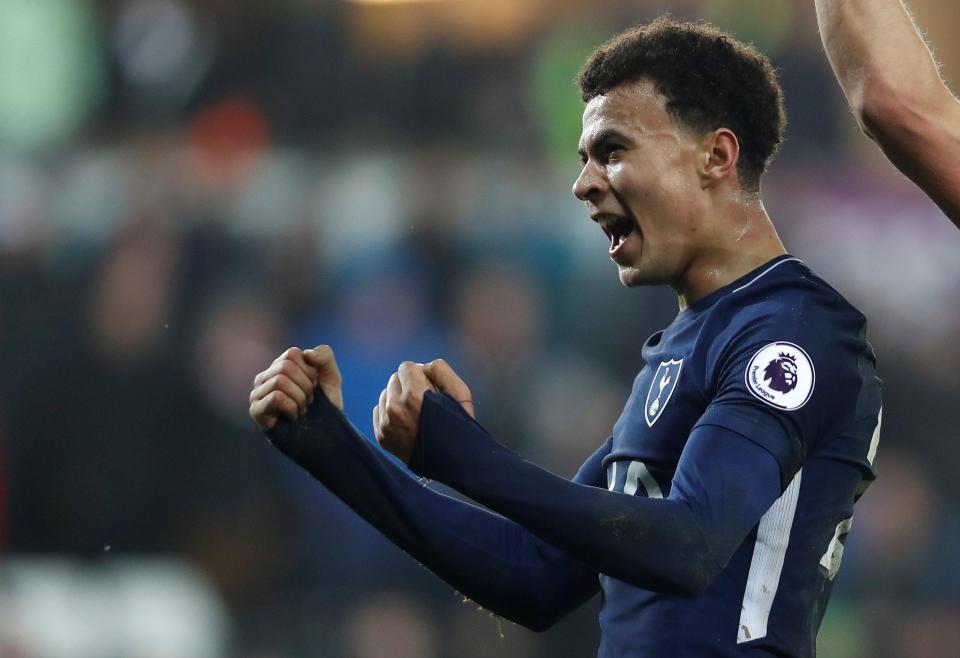  Dele Alli celebrates after doubling Tottenham's tally against Swansea