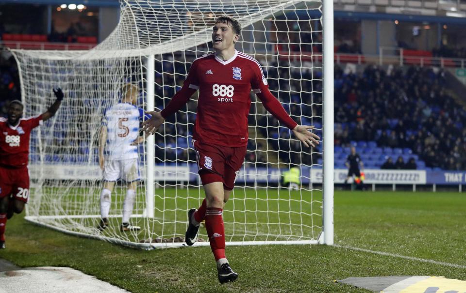 Sam Gallagher celebrates after firing Birmingham ahead against Reading