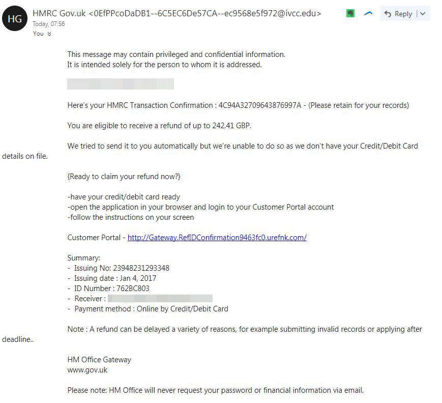 The scam email claims you can get a tax refund