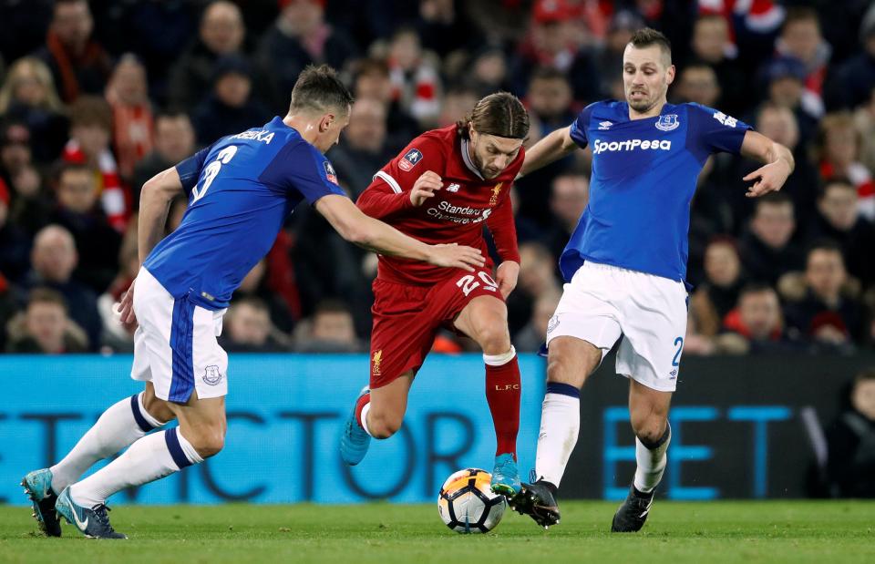 Adam Lallana won the penalty for Liverpool in front of the travelling Everton fans