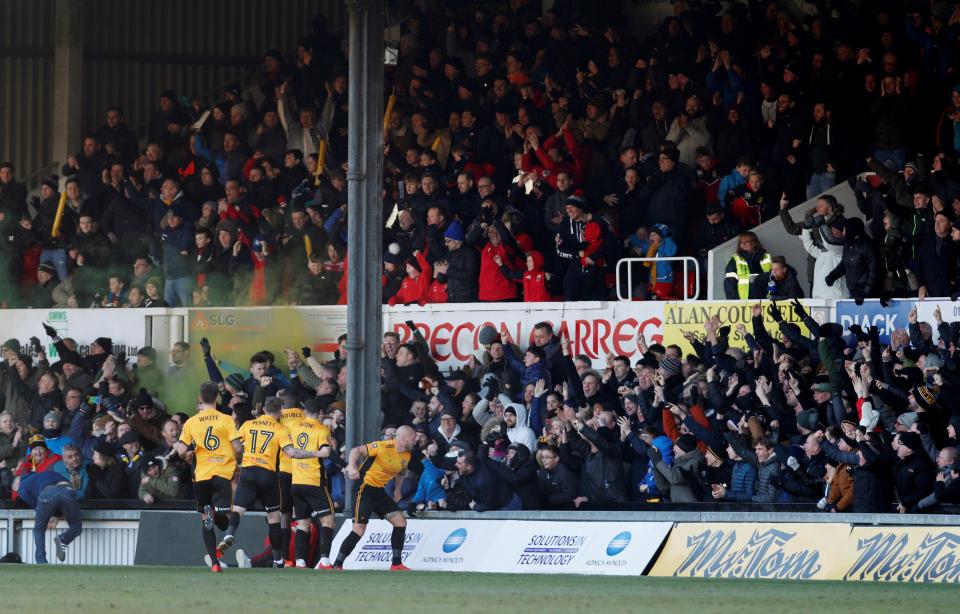  Newport celebrate their win over Leeds in the FA Cup