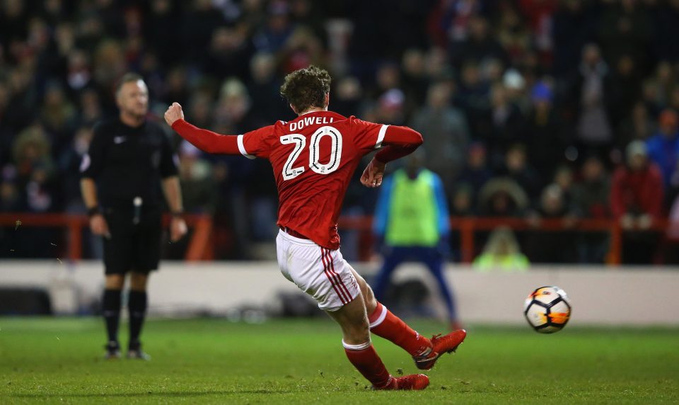  Kieran Dowell slipped as he ran up to the spot as he made it 4-2 to Forest