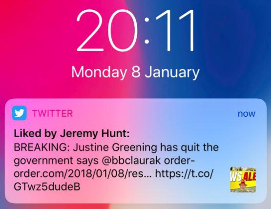  Jeremy Hunt 'liked' a tweet which talked about Justine Greening quitting the government