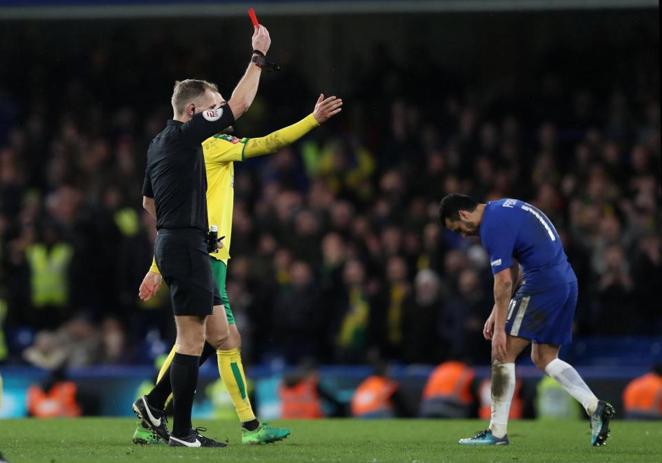  Pedro was shown two yellow cards as Chelsea scraped past Norwich in the FA Cup