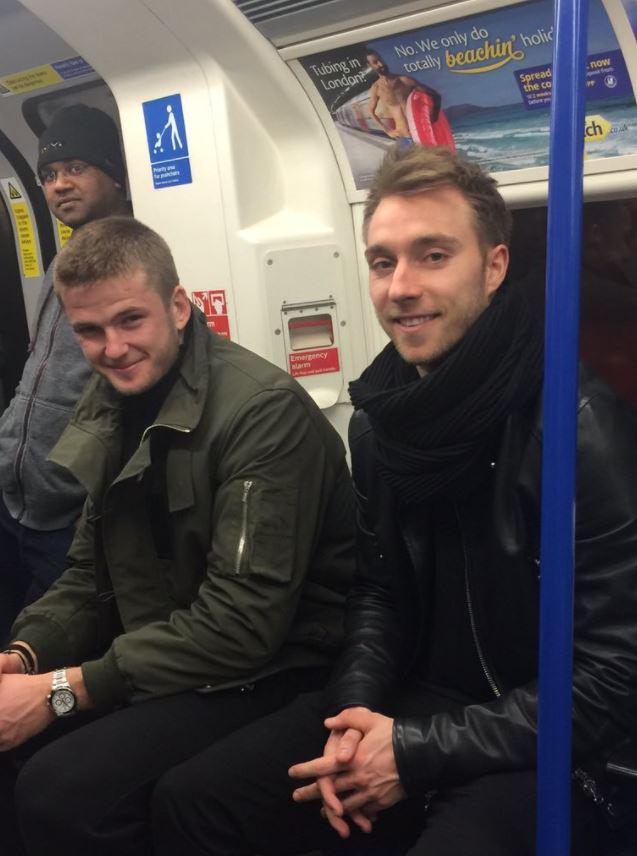  Eric Dier and Christian Eriksen share a laugh on the London Underground