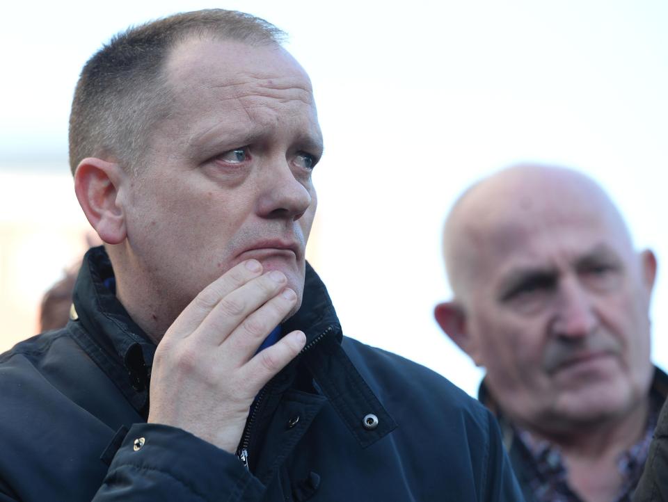  Aaron McCone, left, son of murdered John Harbinson, and Joe Convie, father of victim Gary Convie, after the sentencing at Belfast crown court