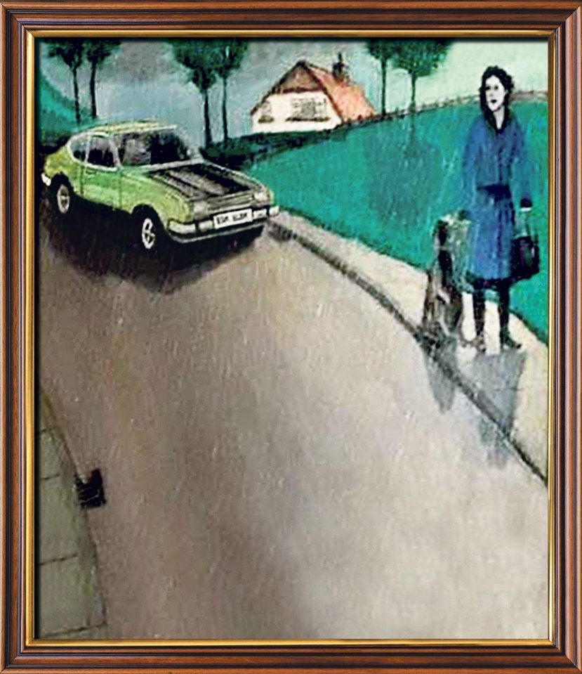  Peter Sutcliffe's chilling artwork depicts a bearded man in a lime-green Ford Capri as it approaches a woman in a deserted street - leading one criminologist to speculate it's the Ripper preparing to attack an 'unknown victim'