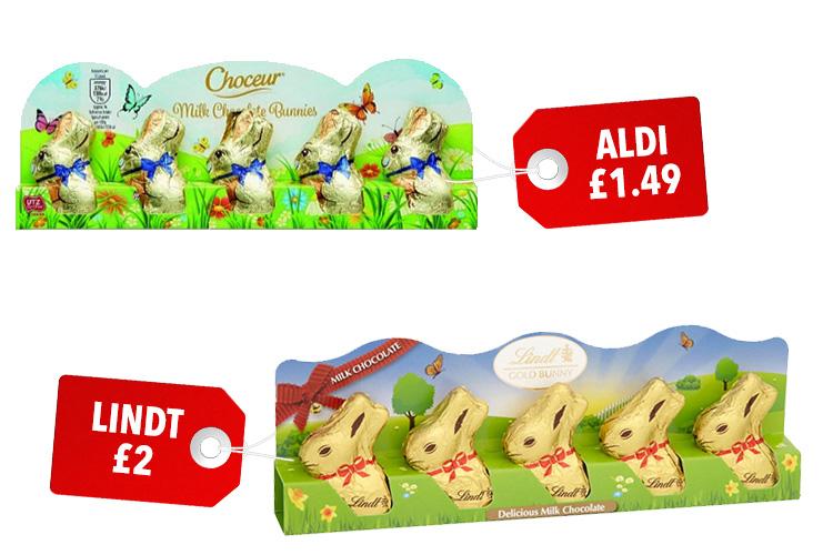 You could easily mistake Aldi’s milk chocolate bunnies for Lindt ones – but the posh ones cost £2 and the Aldi ones cost £1.49