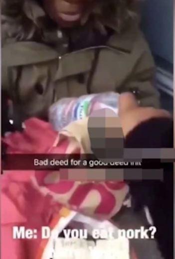  She filmed herself giving food to a homeless woman saying: "Bad deed for a good deed innit"