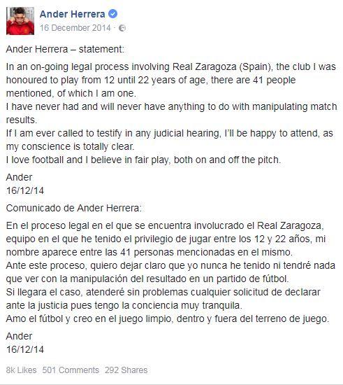 Ander Herrera released a statement in 2014 denying any wrong-going when the allegations first surfaced