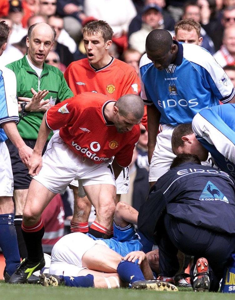 Roy Keane, pictured after a horrific foul on Alf Inge-Haaland, was United's fearsome captain at the time