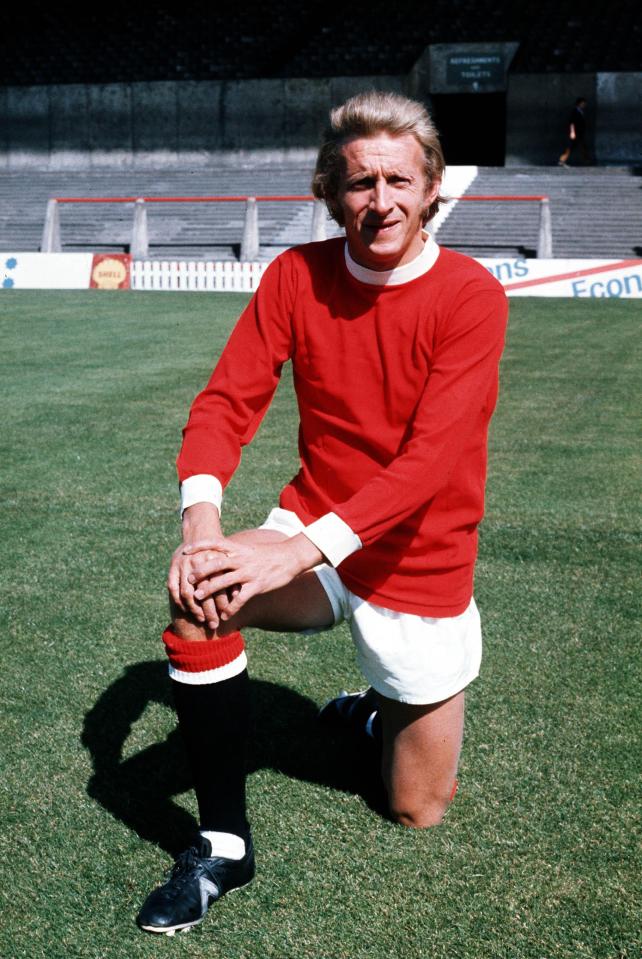 Denis Law in his full Manchester United kit at Old Trafford