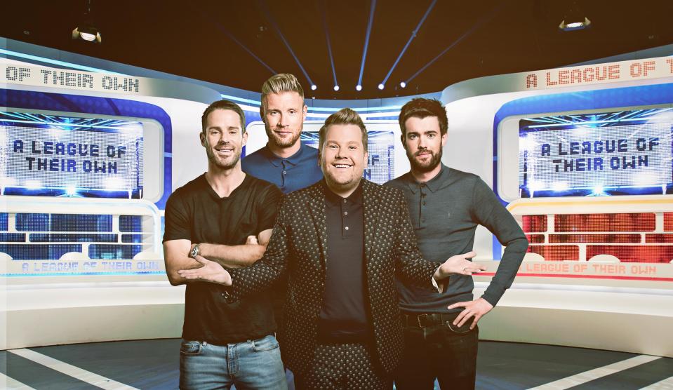 From the left Jamie Redknapp, Freddie Flintoff, James Corden and Jack from A League Of Their Own