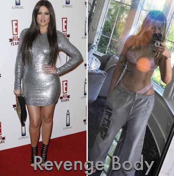  Khloe Kardashian showing off her before and after photo on Instagram