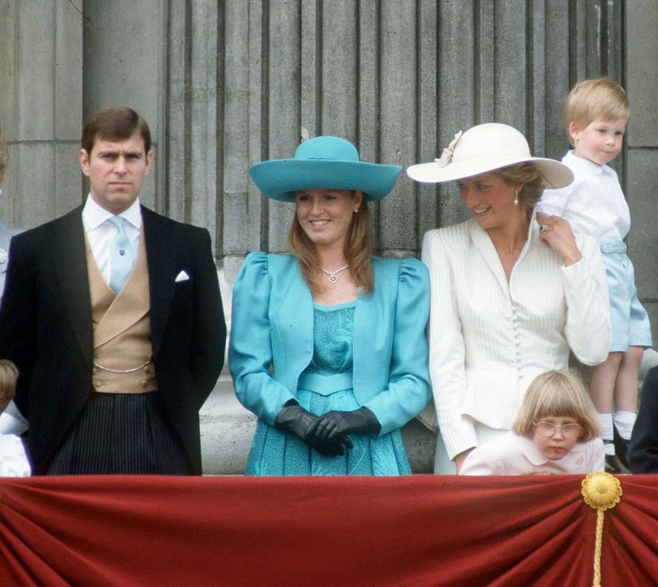  Prince Andrew, Sarah Ferguson, Princess Diana and a young Prince Harry on the balcony of Buckingham Palace