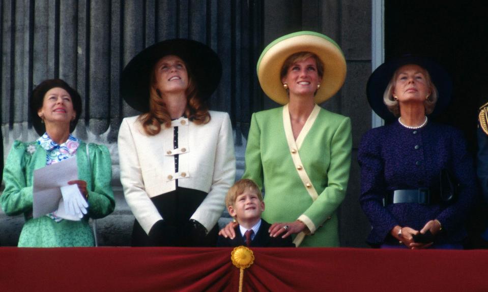  Princess Margaret, far left, Fergie, Prince Harry aged six, Princess Diana and the Duchess of Kent watching The Battle of Britain Anniversary Parade in 1990