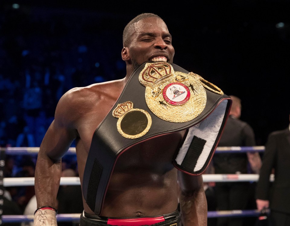 Lawrence Okolie celebrates after winning the WBA Continental cruiserweight title