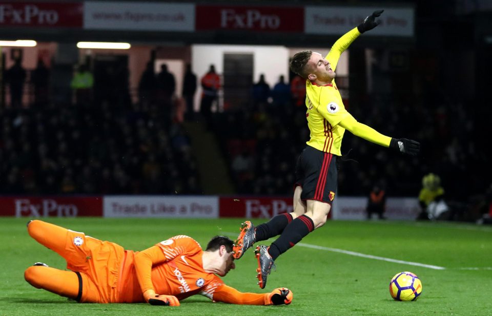  Gerard Deulofeu of Watford is fouled for a penalty kick by Thibaut Courtois