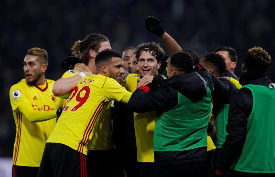  Watford celebrate Daryl Janmaat's late goal