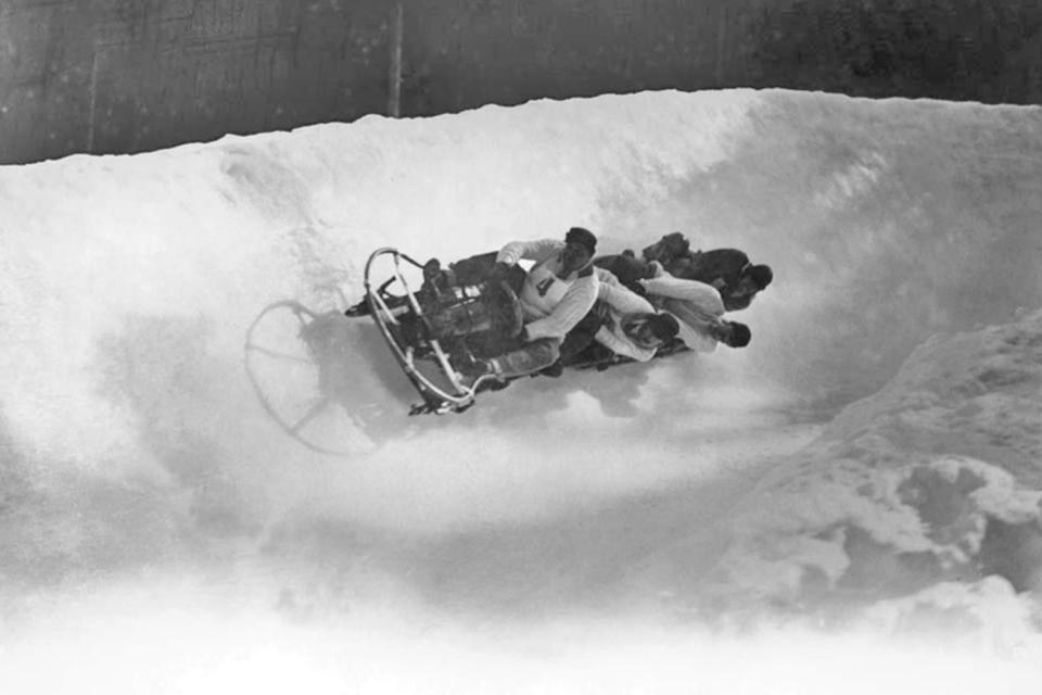  The British bobsleigh team bravely ride the course at Chamonix