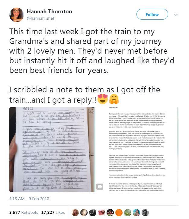  A woman wrote a note to two men on a train and was stunned to get a reply