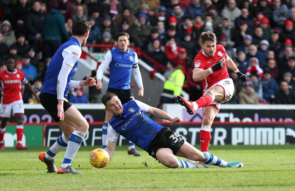 Tom Bradshaw has a shot on target for Barnsley