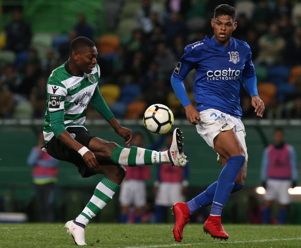  Rafael Leao in action with Feirense defender Flavio Ramos