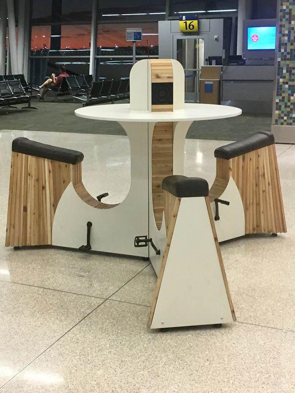 At Brisbane Airport, these stations allow travellers to charge their electronic devices by pedalling 