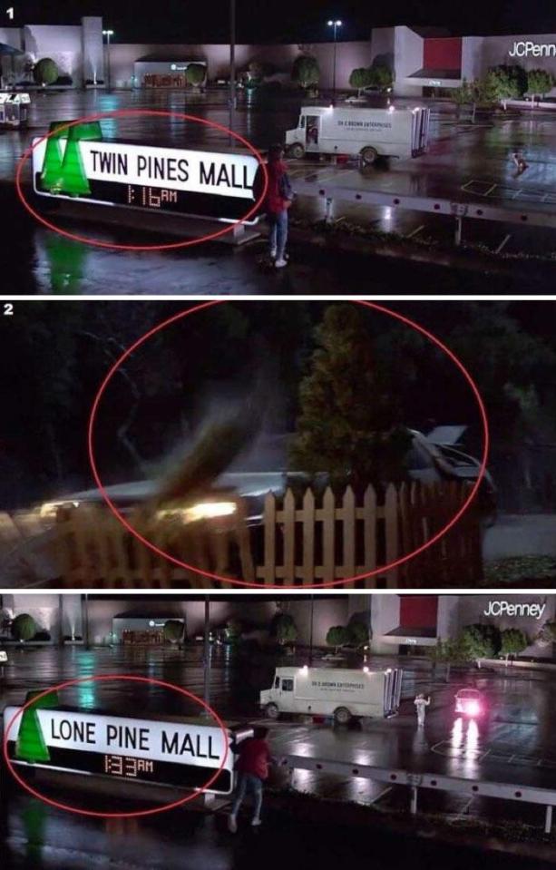  Back To The Future is full of little details. Like how the Twin Pine Mall changed its name after Marty ran over one of its trees - to the Lone Pine Mall