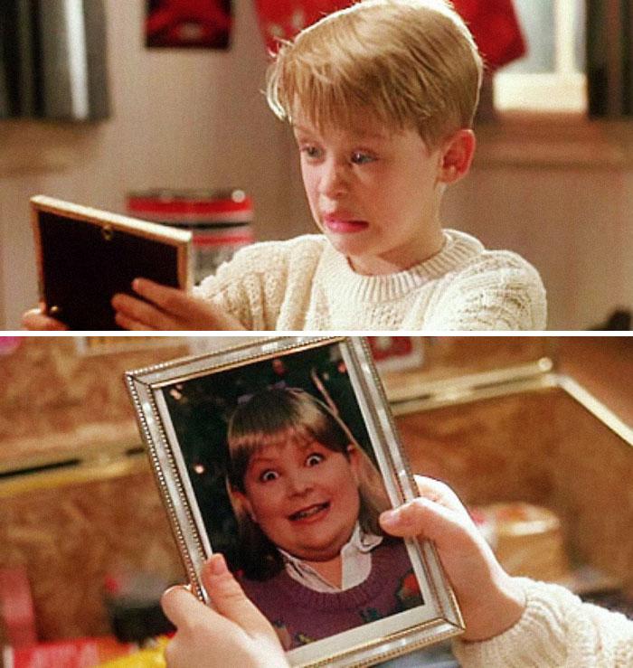  Home Alone is everyone's favourite 'sadistic child tortures home invaders with a series of crude booby traps' movie. One beloved scene shows Kevin going through Buzz's belongings and exclaiming "woof" over a picture of his girlfriend. Director Christopher Colombus thought it was too mean to show a picture of a real girl so he had the Art Director's son dress up as one instead