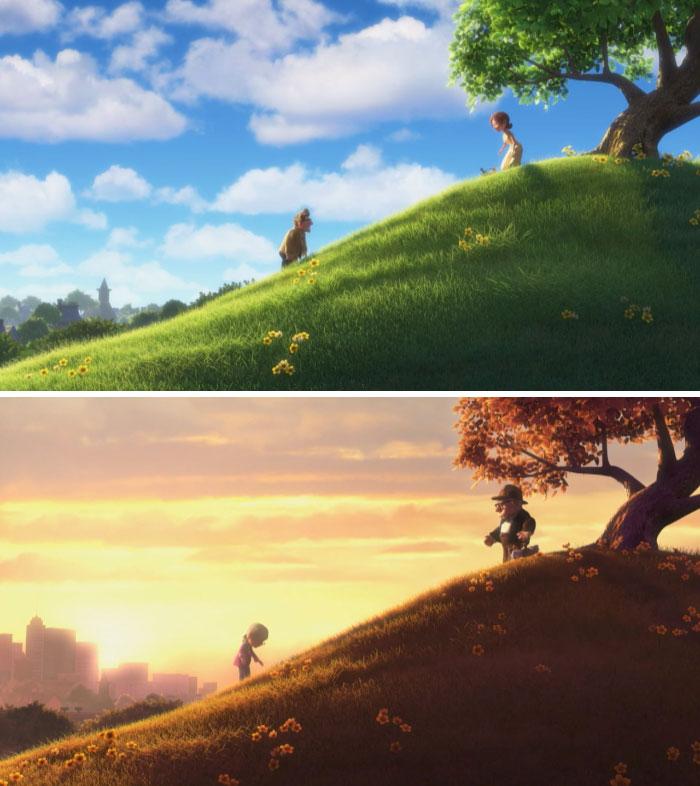  Pixar's Up was the heart-wrenching story of a couple growing old together which had us crying in the first ten minutes. A major theme is how you can't stop progress. And this beautiful mirror sequence shows that perfectly. If you look in the background you can see the changing landscape of the city