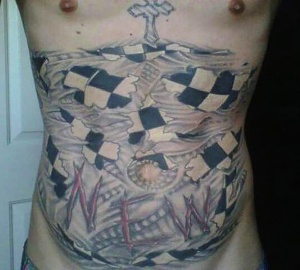 This guy couldn't decide between a chessboard, the ocean or scar-effect letters. So he got all of them