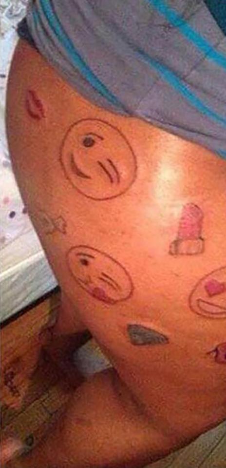 Diamonds, lipstick and acid emojis adorn this person's bum and thighs