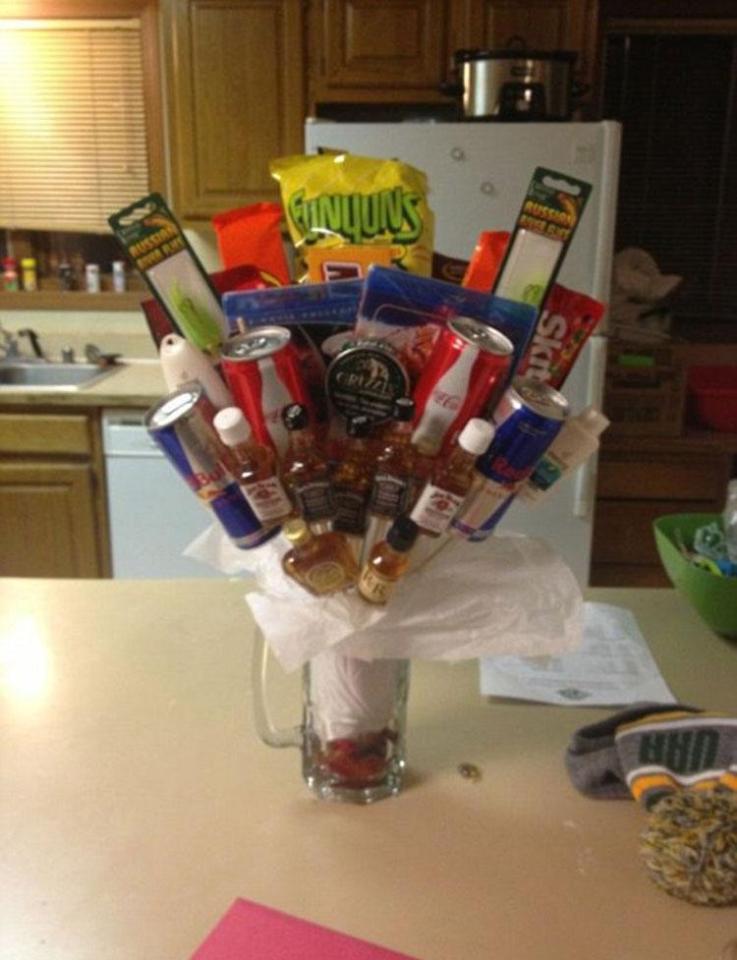  Who needs roses when you can have a bouquet of drinks and snacks?