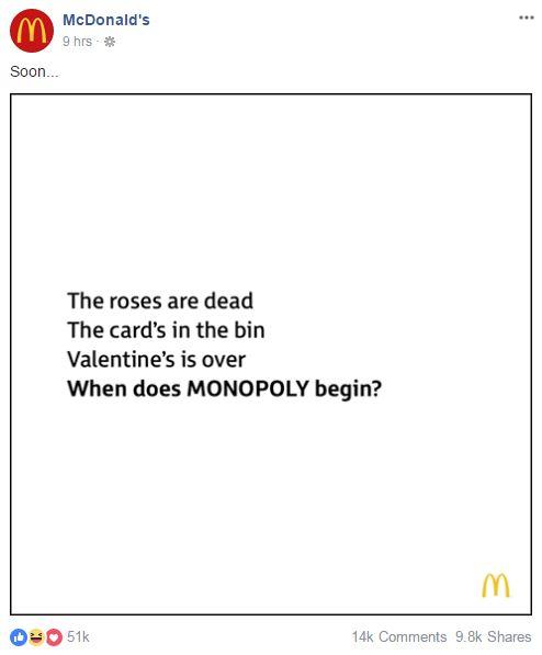  McDonald's teased fans with this post on February 15, 2018