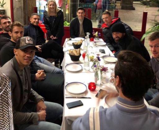  West Brom players (from left) Kieran Gibbs, Craig Dawson, Gareth McAuley, Jake Livermore, unknown fan, Gareth Barry, Jonny Evans, Boaz Myhill and Chris Brunt pictured on the night out in question