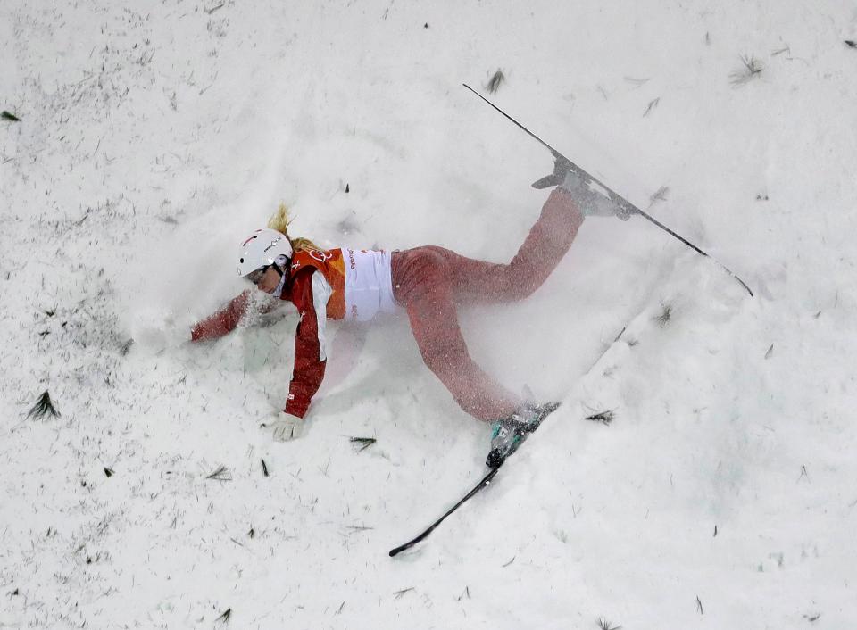 Kristina Spiridonova crashed into the snow hard as she bid to get her hands on an Olympic medal