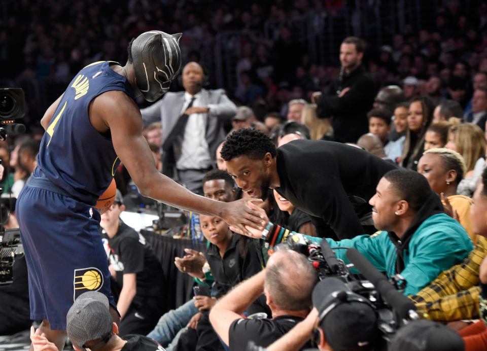 Victor Oladipo met the cast of critically-acclaimed film Black Panther and even donned a mask for one dunk