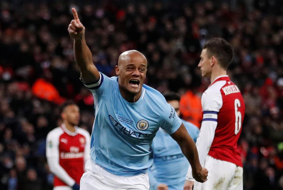 Vincent Kompany scrambled home from close range to score for City during their 3-0 win